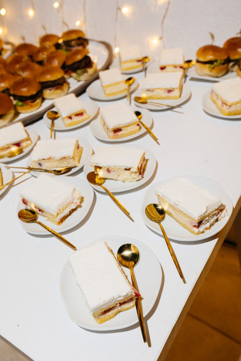 Santorini wedding reception dessert and catering table