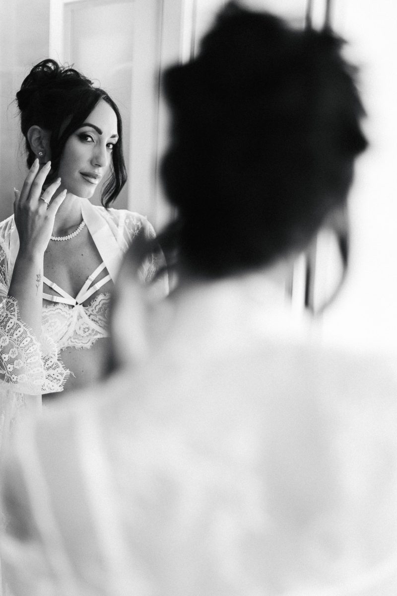Bride getting ready in Santorini, mirror portrait